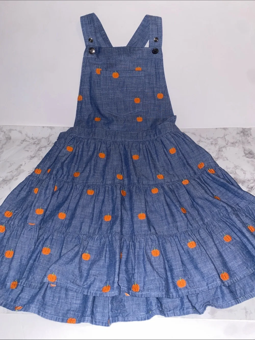 Gymboree Blue Denim-Style Pinafore Dress with Orange Pumpkin Dots